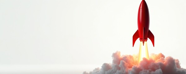 Fototapeta premium Red rocket ship blasts off with bright fiery exhaust, smoke clouds billowing upwards. Classic retro toy rocket ascends against clean white background, new beginnings, innovation, successful ventures.
