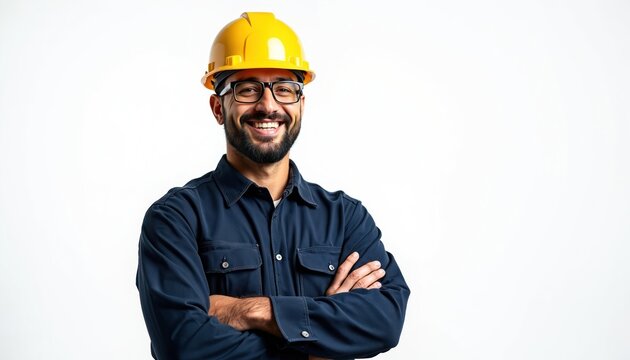 Smiling man in yellow hard hat and blue shirt stands with crossed arms. He wears glasses and appears confident in his construction or industrial role. White background simplifies focus on person.