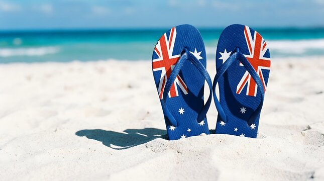Australian flag flip flops on a sandy beach with ocean background on a sunny day with vacation and holiday and travel and tourism and sea and water