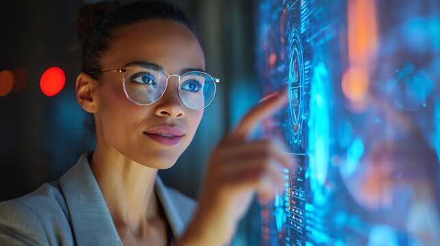 Businesswoman consulting AI business-intelligence system