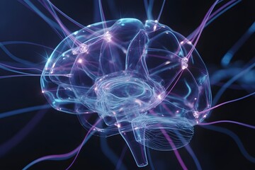 Futuristic brain with glowing neural connections and vibrant blue purple light