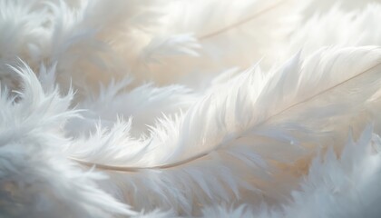 Fototapeta premium Soft white feathers create delicate texture and detail. Gentle light illuminates fluffy plumes, perfect for backgrounds needing peace, purity, and calm. Airy, light, peaceful.