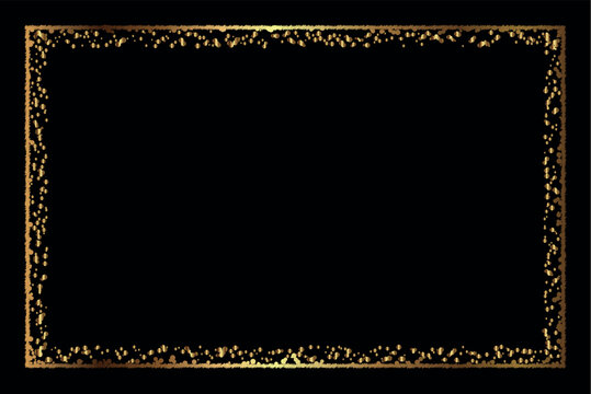 Sparkling rectangle gold border with glitter texture. Festive frame isolated on a black background