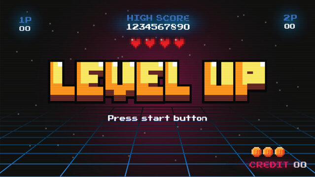 Level up. arcade game .pixel art .8 bit game.retro game. for game assets in vector illustrations.	