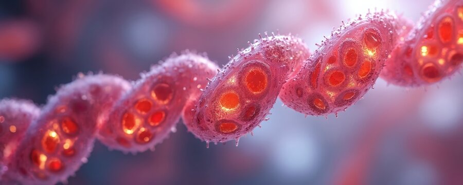 Microscopic view of spiraling red cell structures with glowing internal components. These organisms show rough textured outer membranes and small projections, appearing infectious.