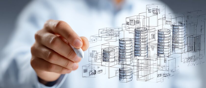 Data architect creating blueprint for enterprise data warehouse on white background
