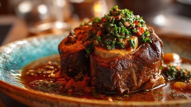 A single portion of tender osso buco, perfectly braised and garnished with fresh gremolata, sits on.