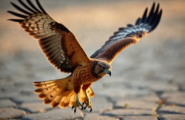 Obraz premium Red tailed hawk flies low over paved ground at sunset. Bird of prey with outstretched wings searches for prey, its sharp talons visible. Golden hour light illuminates feathers.