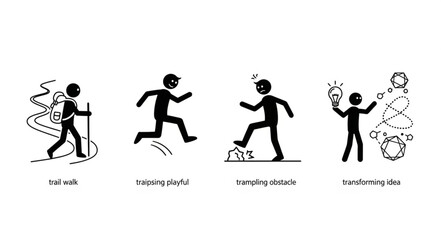 Stick figures illustrating different activities and concepts in a line.