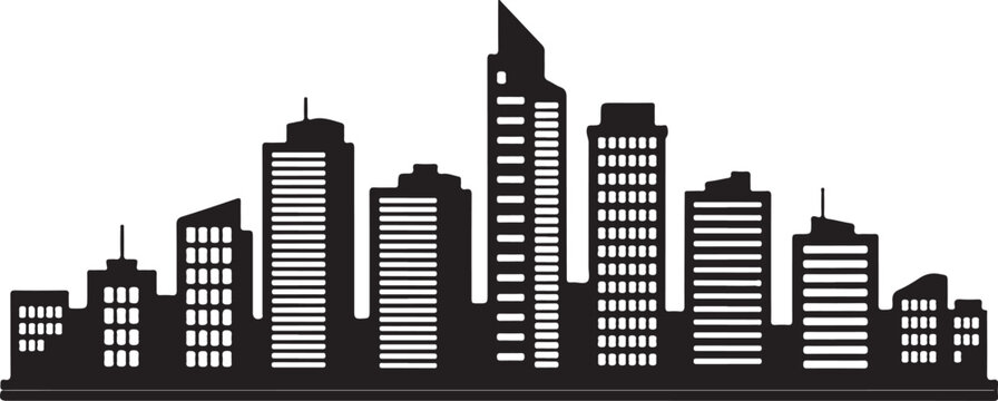 A striking black silhouette of a modern city skyline with numerous towering buildings and prominent skyscrapers