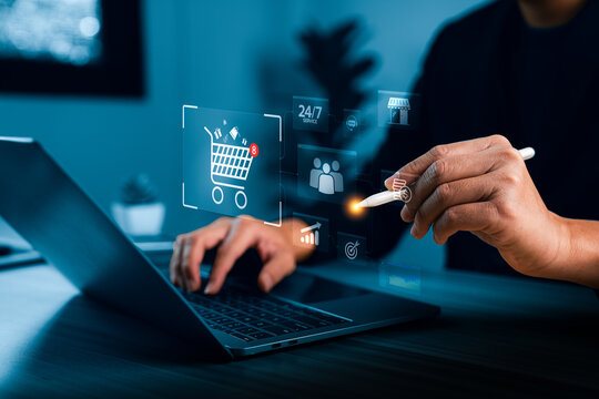 Business professional using digital ecommerce system with virtual shopping cart, online payment, customer service interface, data visualization to represent modern retail technology, commerce strategy