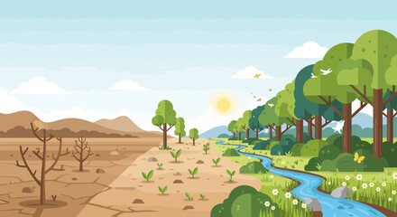 Naklejka premium Contrast of Life and Despair: A visual representation of environmental change, depicting a stark contrast between a barren, drought-stricken landscape and a flourishing, vibrant ecosystem. 