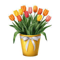A vibrant bouquet of colorful tulips arranged in a yellow pot