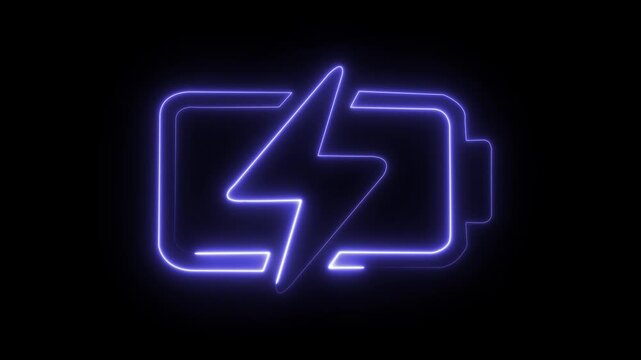 Neon lightning bolt icon glowing blue electric energy symbol isolated on black background futuristic digital power sign