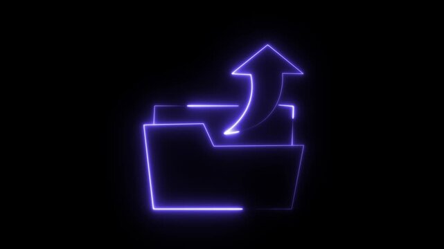 Neon cloud upload icon glowing blue futuristic digital data transfer technology isolated on black background