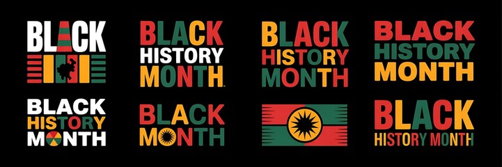 Naklejka premium Set of eight black history month vector typography designs featuring various colorful modern and retro text styles with pan-African colors on a dark background for celebration and heritage awareness