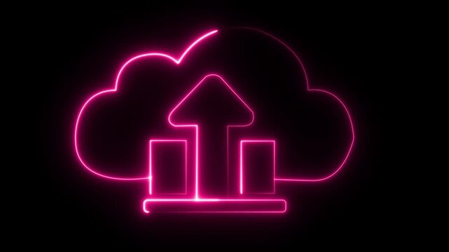 Neon cloud computing logo with upward arrow glowing pink on black background digital technology growth concept