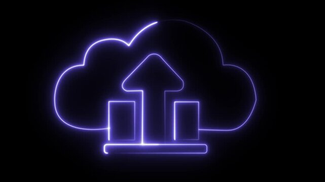 Neon cloud computing logo with glowing blue digital arrows and server icon on black futuristic background