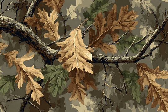 Seamless oak leaf camouflage pattern in green and brown tones, perfect for hunting gear, fabrics, t-shirts, and outdoor design.