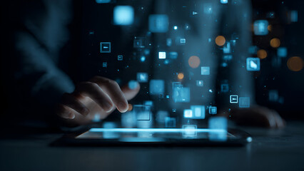 Fototapeta premium Person Interacting with Floating Digital Icons and Data Blocks over Tablet Screen in Dark Office