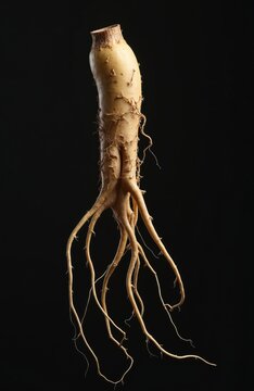 American ginseng root with thin rootlets is isolated on black background. This powerful herb has many health benefits. It is used in traditional medicine for centuries.