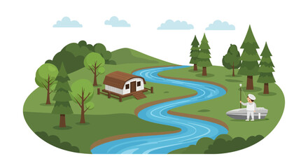 Obraz premium Riverside Retreat: A serene illustration captures a riverside retreat featuring a charming cabin nestled alongside a winding river, the landscape lush with trees and gentle hills.