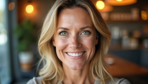 Attractive middle-aged woman with striking green eyes smiles warmly at camera. Blonde hair frames face as looks directly forward, conveying confidence, approachability. Appears happy, content.