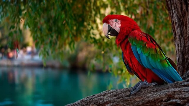Vibrant parrot perched on branch with lush green foliage and water