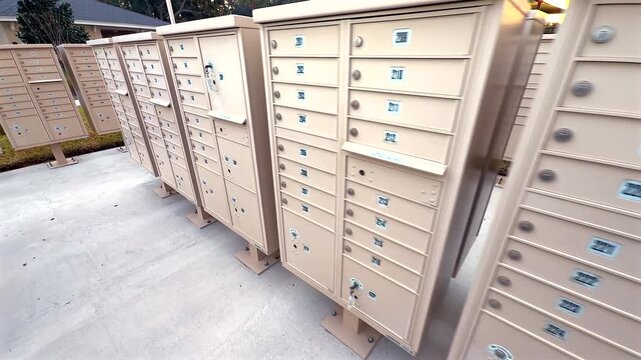 Slow walking video down a row of apartment mailboxes in a residential complex. Organized community mail area representing housing, deliveries, and everyday suburban life.