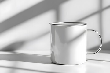 Obraz premium A plain white enamel camping mug mockup with a silver list
