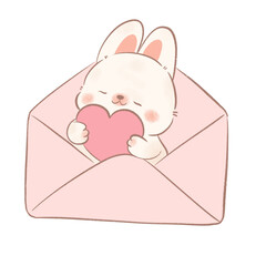 Cute Handdrawn Bunny in Pink Envelope Holding a Heart Illustration