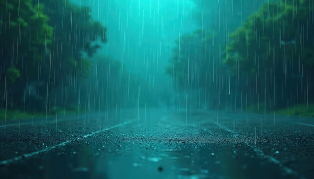 Rain falls on wet road surrounded by trees. Deep teal color palette creates moody atmosphere. Water droplets reflect light on asphalt surface. Rich green foliage blurred in background.