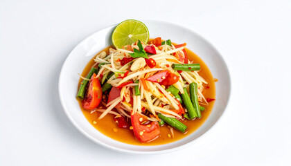 Thai Papaya Salad (Som Tam) on White Background