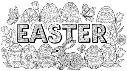 Obraz premium Easter decorative border with eggs, bunny, butterflies and flowers, black and white line art