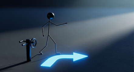 Stick figure walking on glowing blue arrow indicating direction.