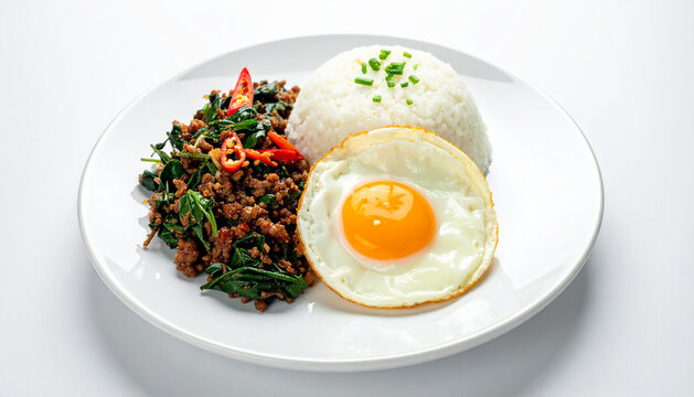 Pad Kra Pao of stir fried basil on White Background