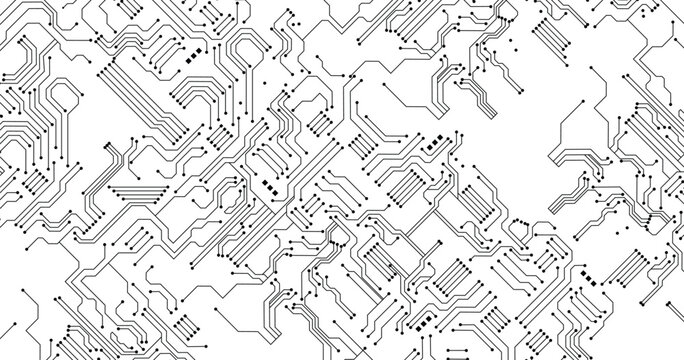 Realistic monochrome circuit board for Technology background. Futuristic motherboard design with data connections, processor and electronic elements. Vector illustration.