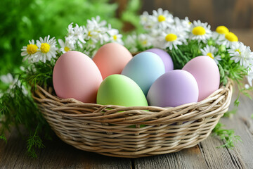 Easter eggs in pastel colors arranged in decorative wicker basket with fresh white daisies and green foliage on wooden surface, creating cheerful spring atmosphere