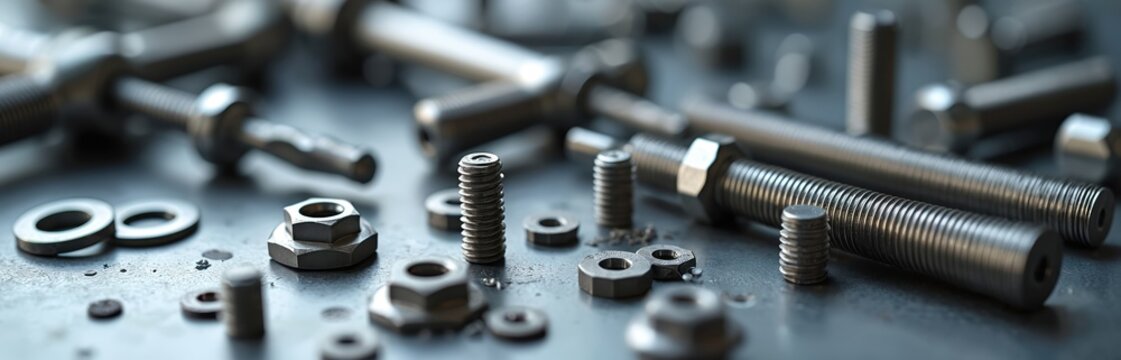 Assorted metal fasteners including bolts nuts screws and washers are arranged on a dark textured surface. Various sizes of threaded hardware are ready for construction or repair projects.
