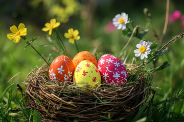 Easter eggs in nest with fresh spring grass and yellow and white wildflowers creating bright and cheerful outdoor scene full of vibrant colors and natural beauty