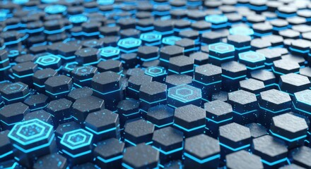 Close up of glowing blue hexagons on a dark background