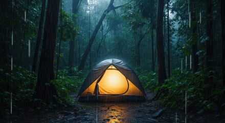 Glowing tent in a misty forest at dusk or dawn