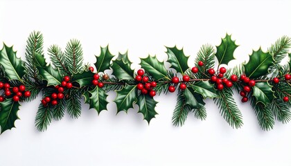 Festive garland of evergreen fir, holly leaves, and bright red berries against a white background