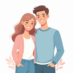 Obraz premium A young couple embracing, smiling together, standing close, in a friendly pose, with gentle leaves around them illustrated