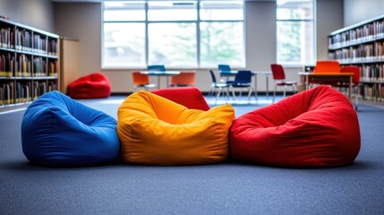Obraz premium Colorful bean bags in a library setting, promoting relaxation and collaboration.