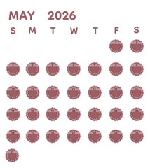 Fototapeta premium May 2026 monthly calendar illustration designed in soft brownish pink tones with decorative floral date frames. The transparent background and minimal layout provide flexible empty space 