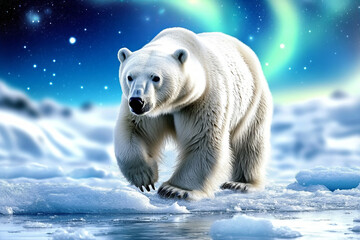 Polar bear ice floe northern lights arctic snow wildlife animal cold winter nature Polar bear walking ice floes northern lights arctic winter landscape with snow and cold atmosphere creating