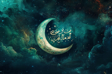 Crescent moon with Arabic calligraphy glowing in mystical starry night sky, evoking serene and spiritual atmosphere with deep blue and green hues