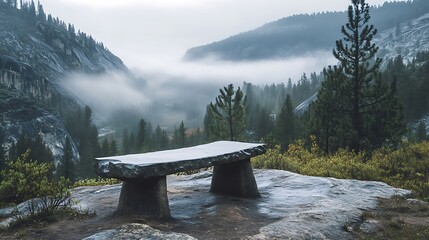 Stone bench overlooking misty mountain landscape in natural environment