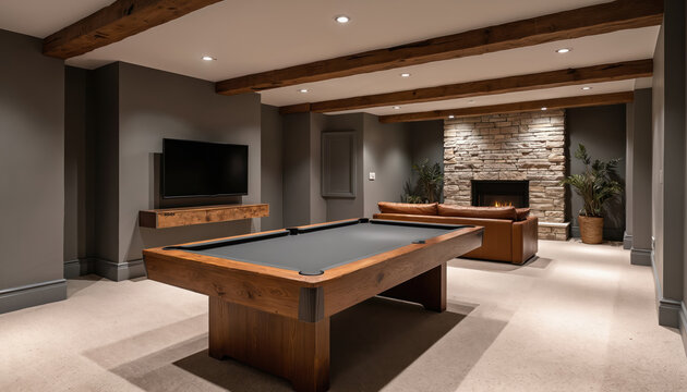 Rustic basement room features pool table near fireplace and leather sofa. Exposed wood beams on ceiling, stone wall. Entertainment space with TV.